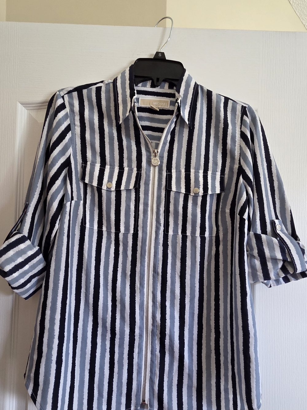 Michael Kors Navy and White Vertical Stripe Zip-Front Shirt